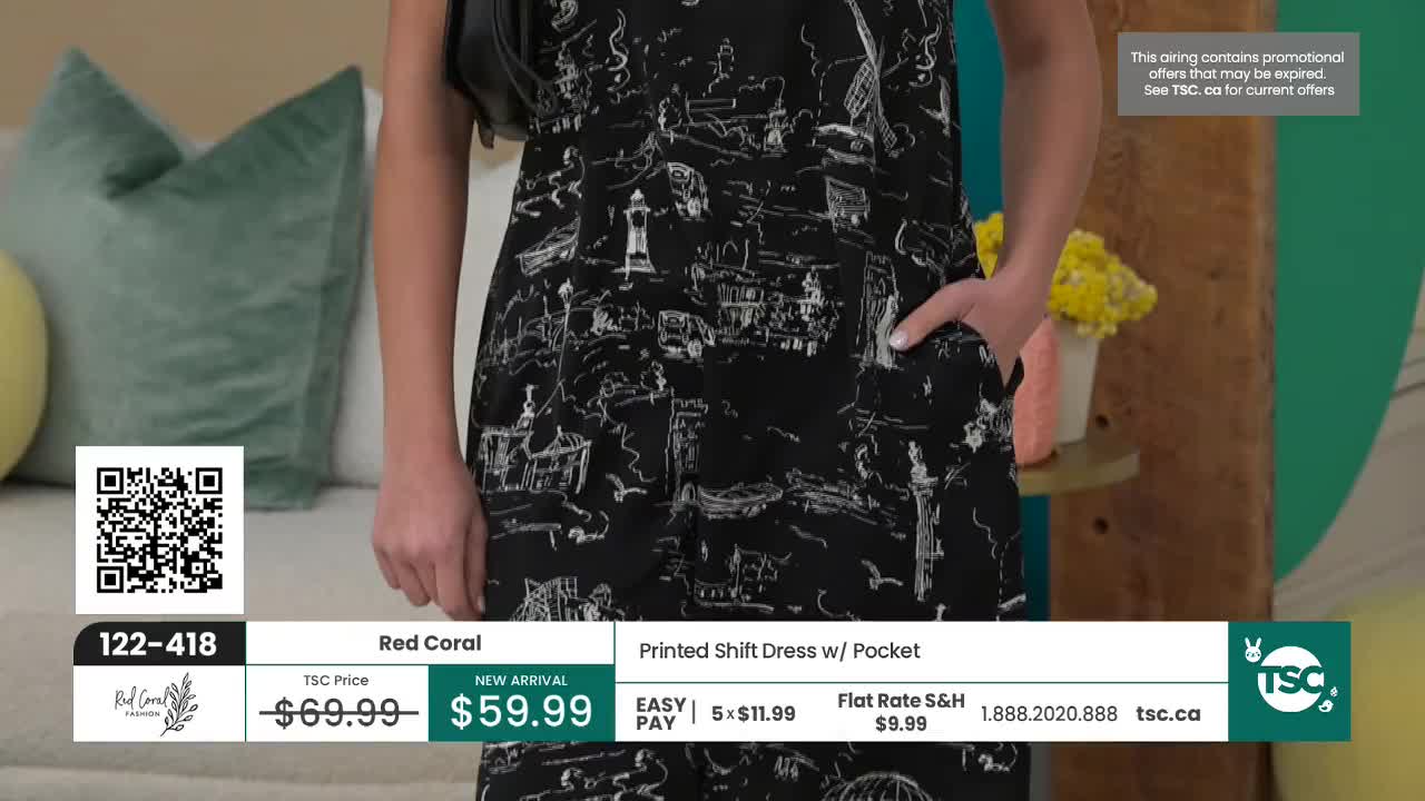 A woman stands in a black dress with a whimsical white print of buildings and lighthouses. The dress is currently priced at $59.99 on TSC. A woman stands in a black dress with a whimsical white print of buildings and lighthouses. The dress is currently priced at $59.99 on TSC.