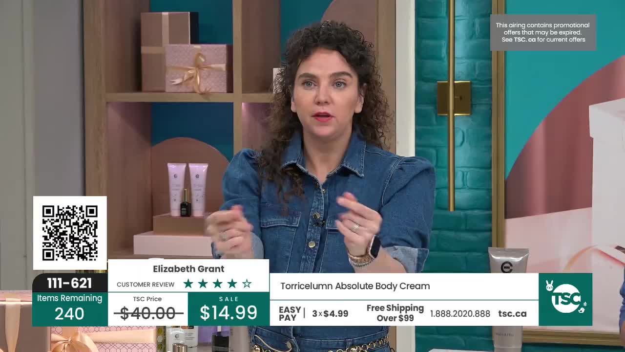 A woman in a denim shirt gestures with her hands, speaking enthusiastically about Torricelumn Absolute Body Cream. On the screen, the price is displayed as $14.99, down from $40.00, with 240 items remaining.