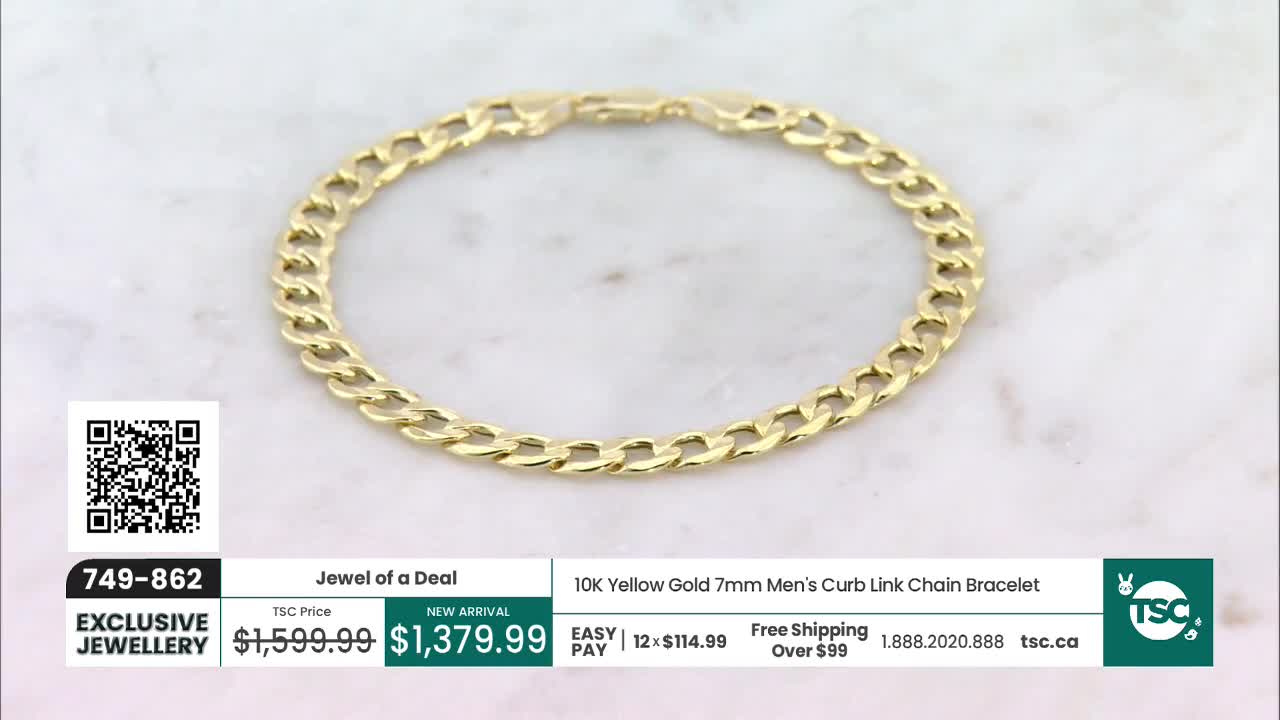 A 10K yellow gold men's curb link bracelet rests on a marble surface. The bracelet is presented on TSC with its price and shipping information displayed below.