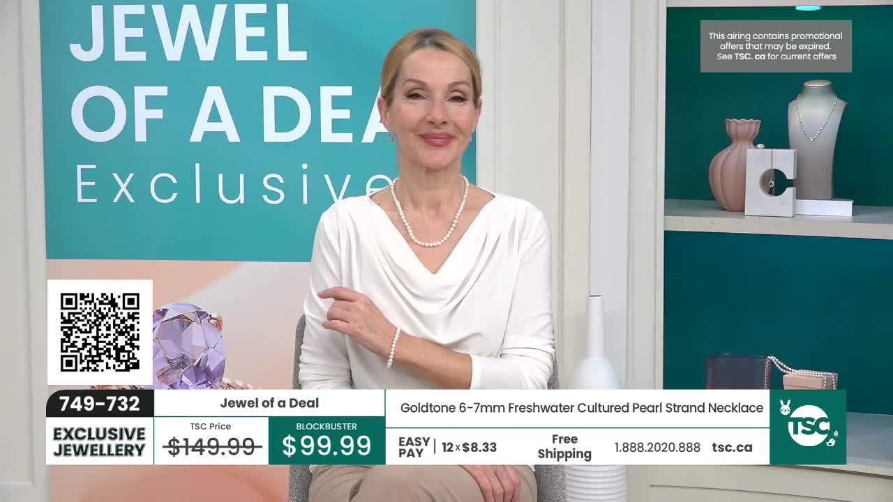 A woman in a white top smiles, her pearl necklace and bracelet catching the light. The "Jewel of a Deal" graphic behind her announces a special offer on a pearl strand necklace.