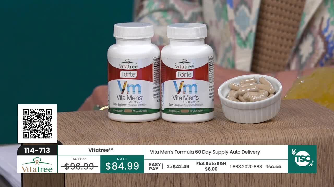 Two bottles of VitaTree Forte Vita Men's Formula stand on a wooden surface. A small white dish next to them holds a pile of tan capsules.