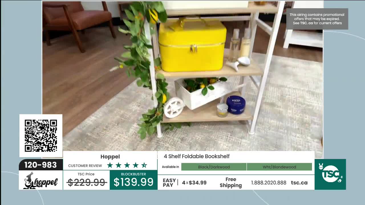The 4-shelf foldable bookshelf, a Hoppel product, is on display. A bright yellow case sits on the top shelf, with decorative greenery cascading down the side.