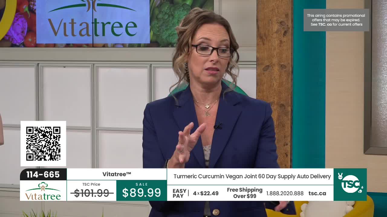 The woman on the TSC broadcast gestures with her hands as she speaks. A graphic displays the product name and sale price.