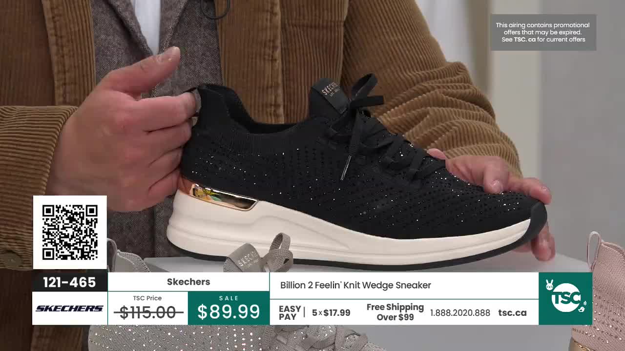 A hand adjusts a black Skechers sneaker, its fabric speckled with tiny, reflective rhinestones. The shoe's thick white sole has a subtle gold accent at the heel, and a price of $89.99 is displayed on screen.