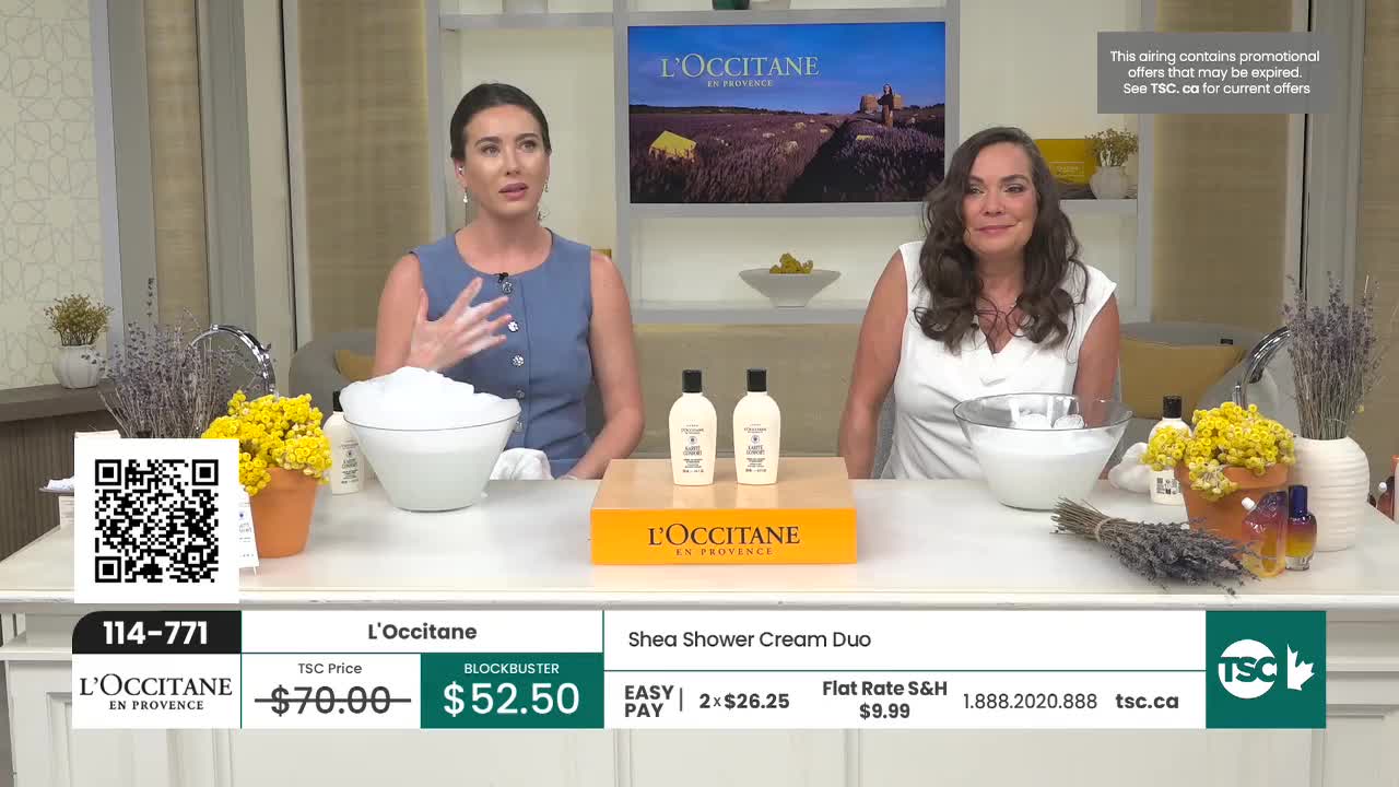 Two women are presenting L'Occitane products on TSC. The woman on the left gestures animatedly while the woman on the right smiles. Two women are presenting L'Occitane products on TSC. The woman on the left gestures animatedly while the woman on the right smiles.