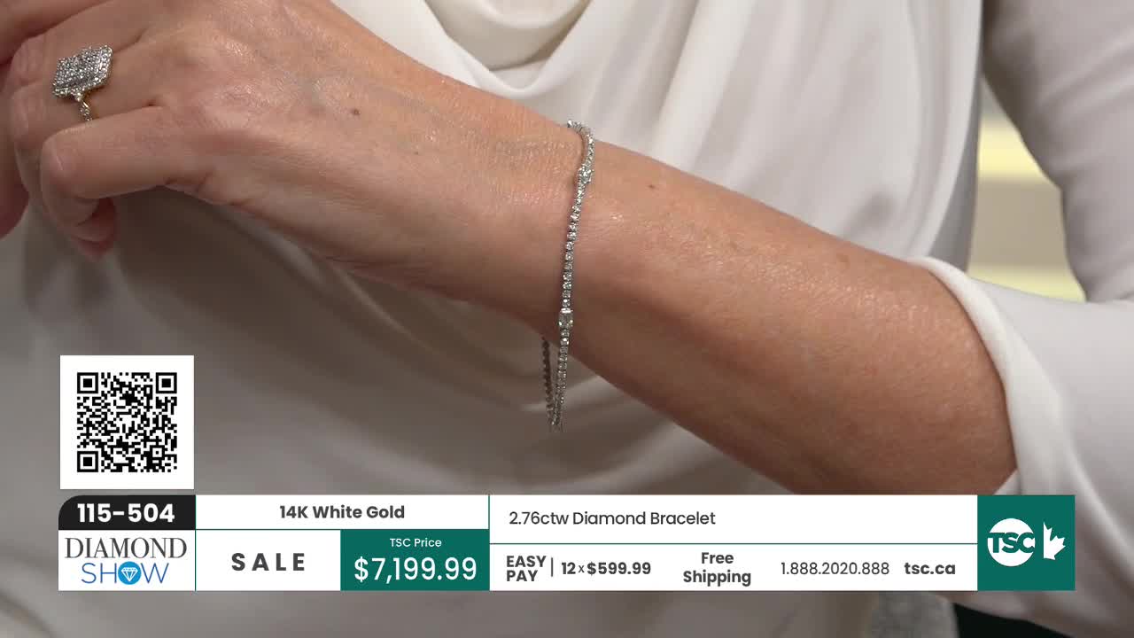 A delicate diamond bracelet catches the light as it encircles a wrist. The bracelet, featuring 2.76 carats of diamonds set in 14K white gold, is currently on sale for $7,199.99. A delicate diamond bracelet catches the light as it encircles a wrist. The bracelet, featuring 2.76 carats of diamonds set in 14K white gold, is currently on sale for $7,199.99.