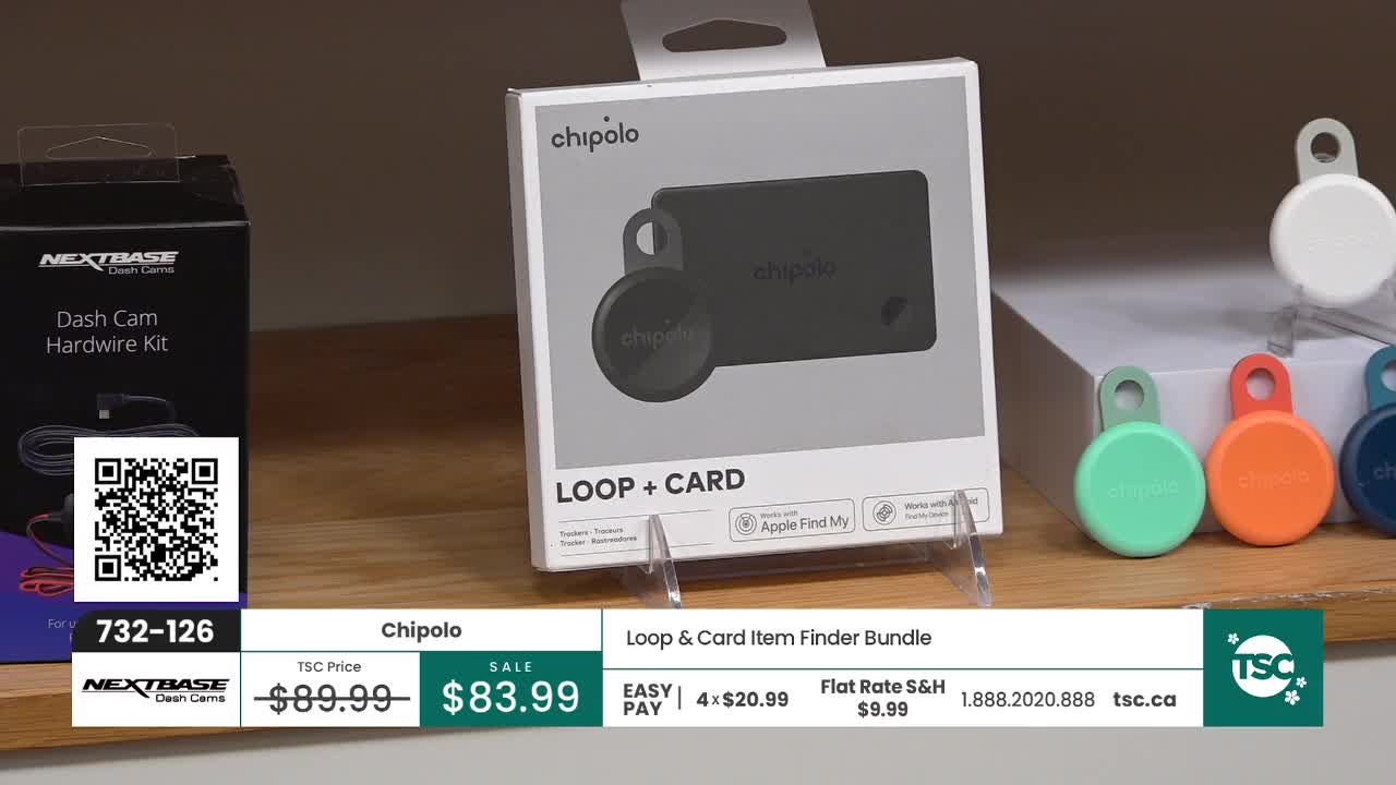 A Chipolo Loop + Card item finder bundle sits on display, its packaging showing a black tracker and card. Beside it, colorful individual trackers in green, orange, and blue are arranged on stands. A Chipolo Loop + Card item finder bundle sits on display, its packaging showing a black tracker and card. Beside it, colorful individual trackers in green, orange, and blue are arranged on stands.