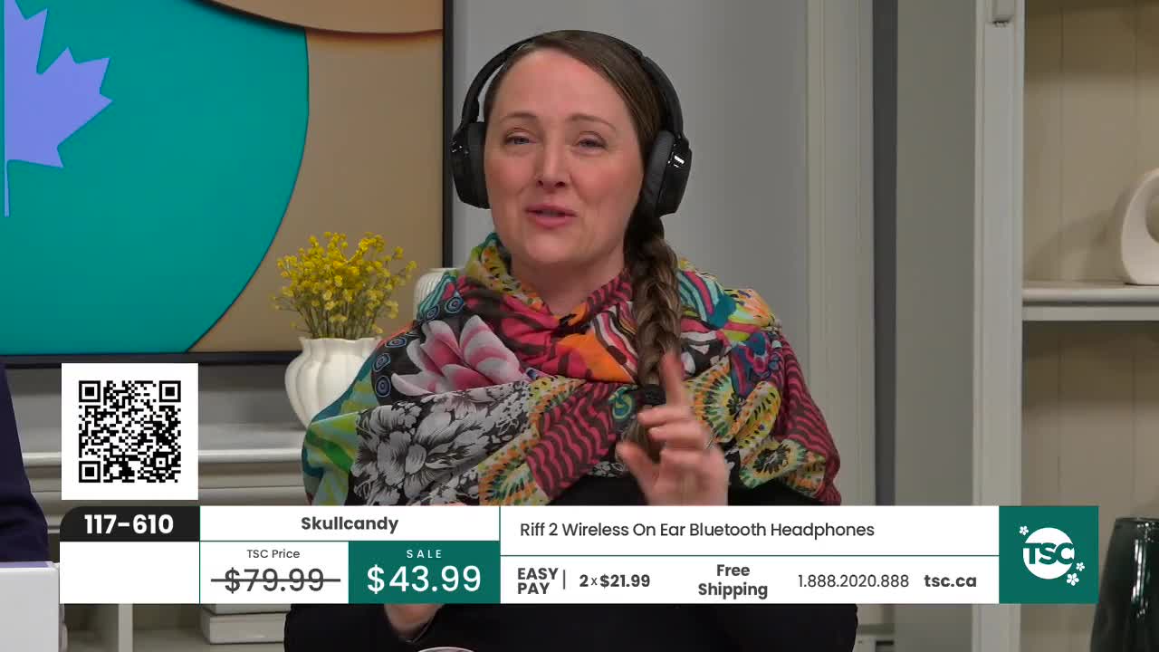 A woman with headphones on speaks animatedly, gesturing with her right hand. A graphic below her shows Skullcandy Riff 2 Wireless On-Ear Bluetooth Headphones on sale for $43.99. A woman with headphones on speaks animatedly, gesturing with her right hand. A graphic below her shows Skullcandy Riff 2 Wireless On-Ear Bluetooth Headphones on sale for $43.99.