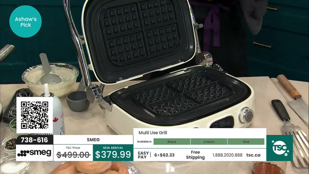 The waffle iron is open, ready for batter. A bowl of batter sits nearby, with a scoop poised to serve. The waffle iron is open, ready for batter. A bowl of batter sits nearby, with a scoop poised to serve.