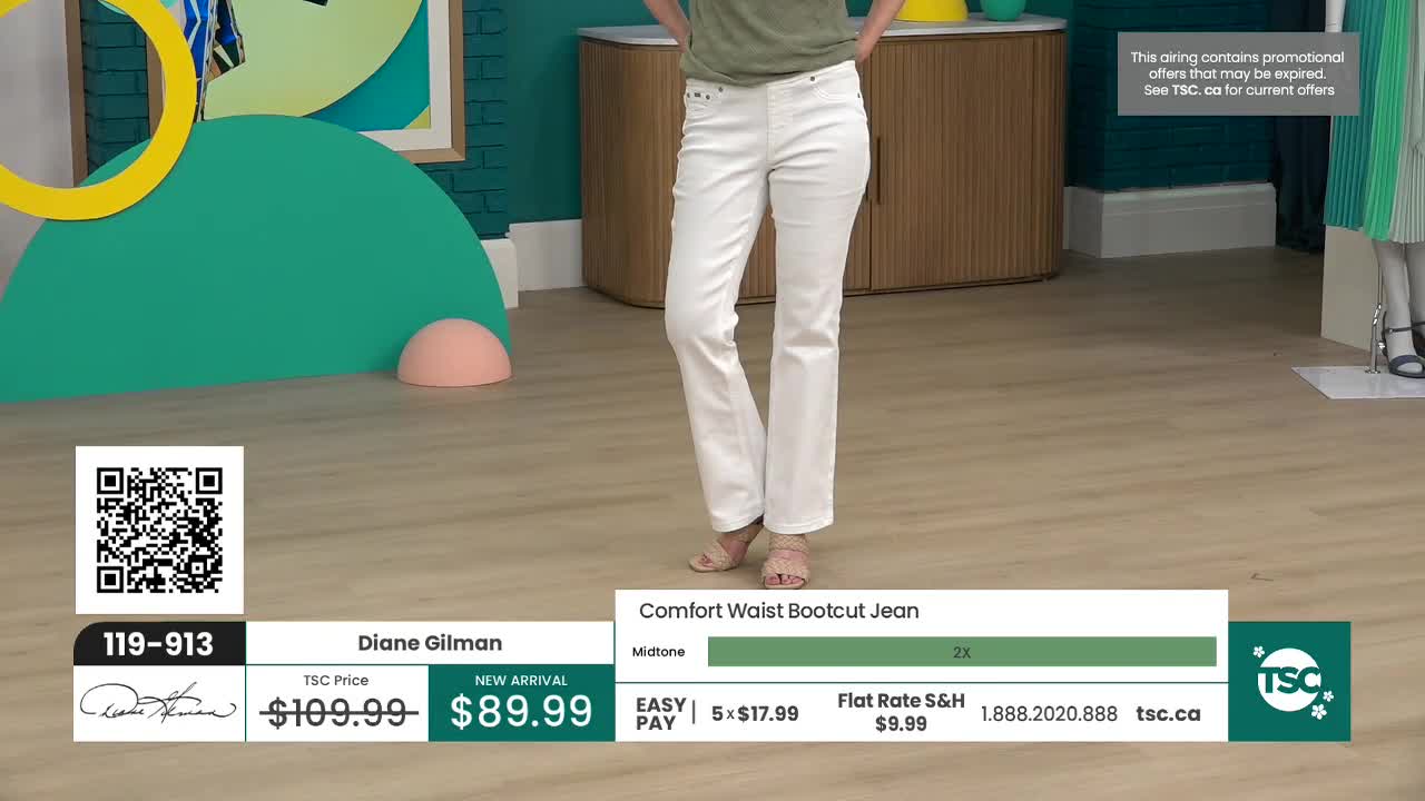 A woman stands in bright white bootcut jeans, showcasing them for a Canadian audience on TSC. The price is displayed below, along with an easy pay option. A woman stands in bright white bootcut jeans, showcasing them for a Canadian audience on TSC. The price is displayed below, along with an easy pay option.