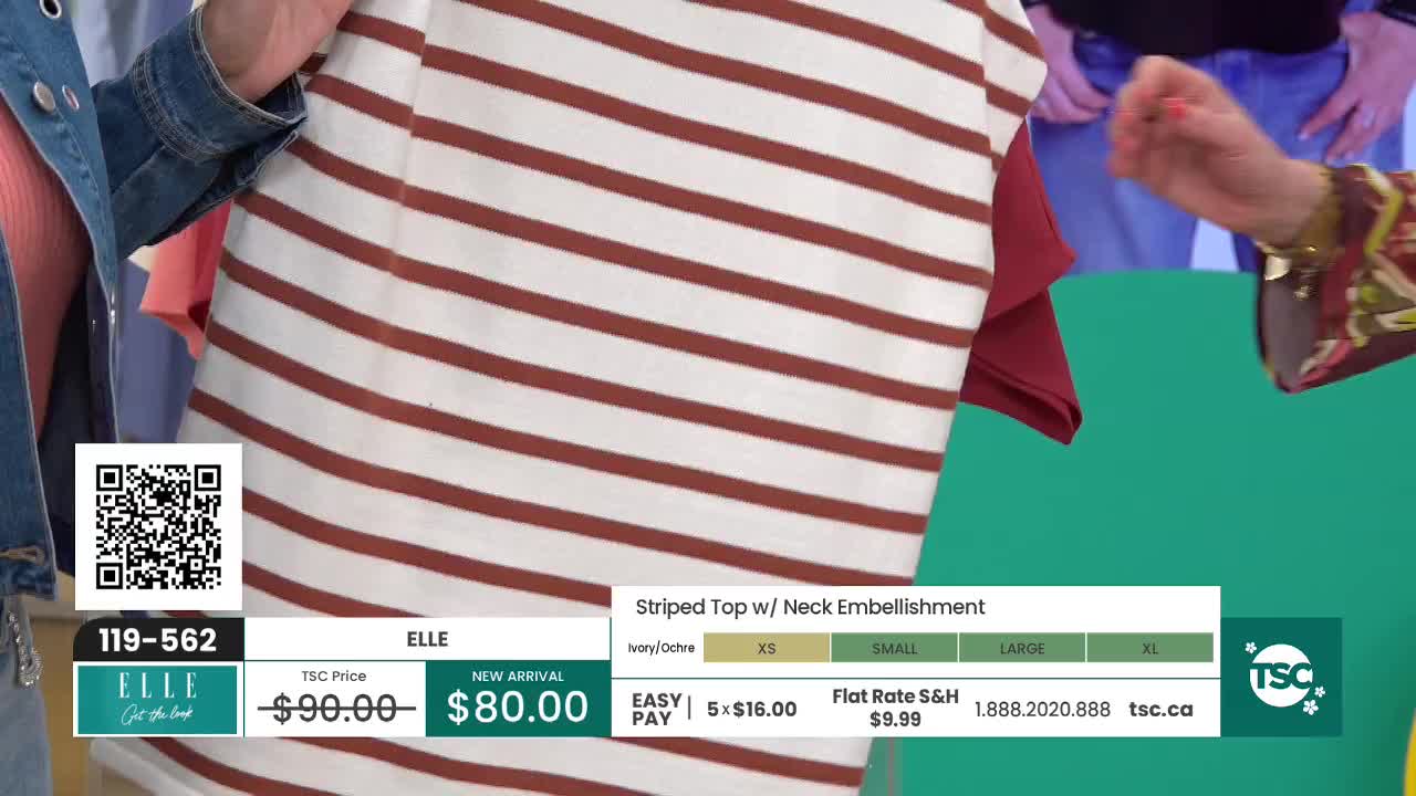 A hand reaches out, adjusting a red and white striped top on display. The price, $80.00, flashes on screen next to the TSC logo. A hand reaches out, adjusting a red and white striped top on display. The price, $80.00, flashes on screen next to the TSC logo.