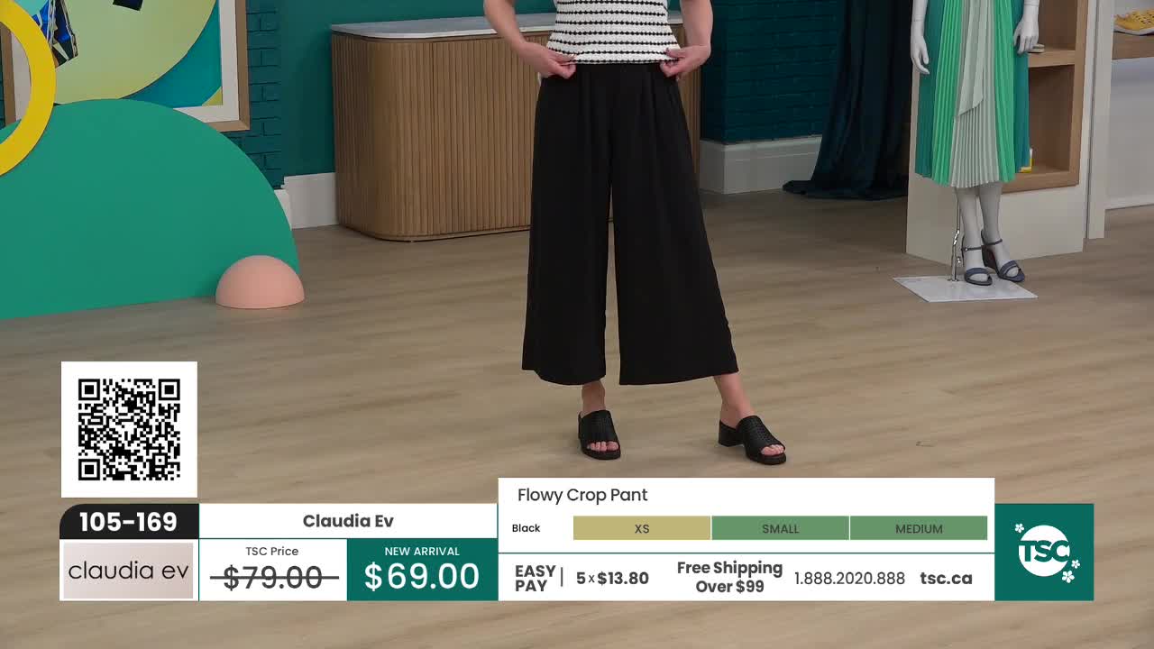 A woman stands in black, wide-leg pants and a striped top, demonstrating the fit. The TSC logo and product details appear on screen, offering a new arrival for $69.00.