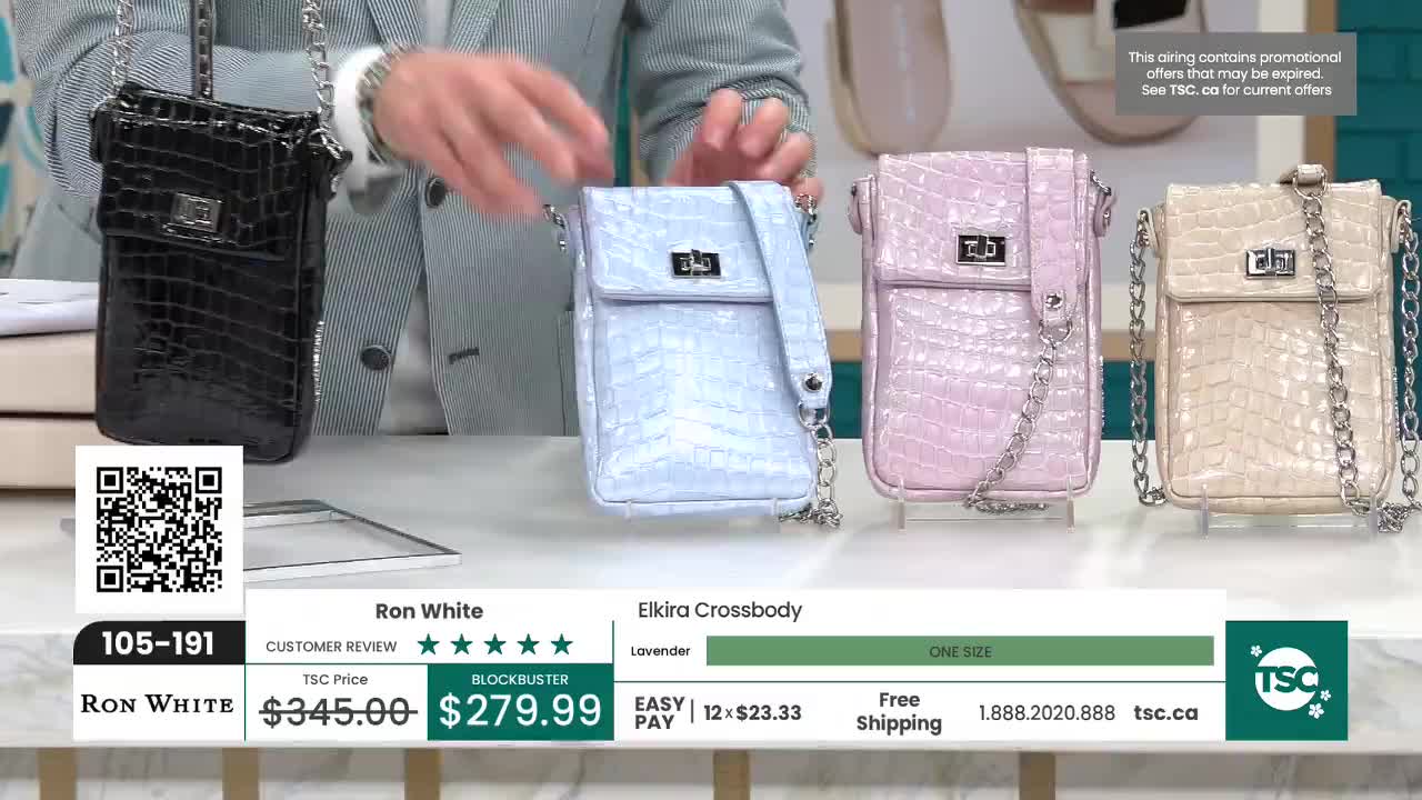 A man's hands adjust a black, croc-embossed crossbody bag. Next to it, a pale blue, then a pink, and finally a cream-colored version of the same bag are displayed.