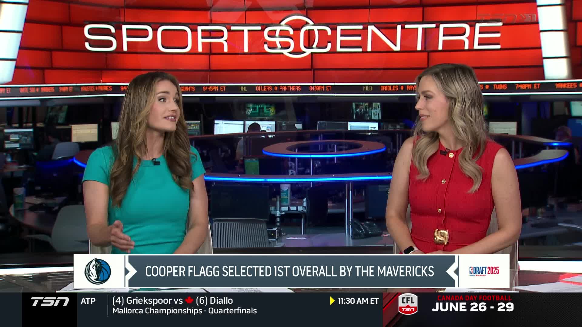 Two women in bright dresses sit at a desk, discussing sports on TSN1. A graphic below them highlights Cooper Flagg's selection by the Mavericks.
