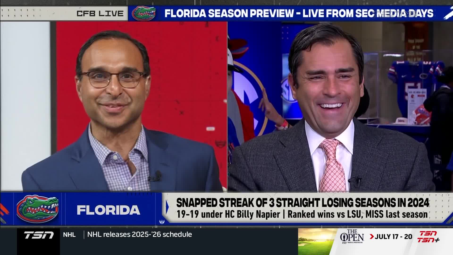 Two men in suits are on screen, one smiling and the other looking directly at the camera. The TSN2 broadcast is previewing the Florida Gators football season.
