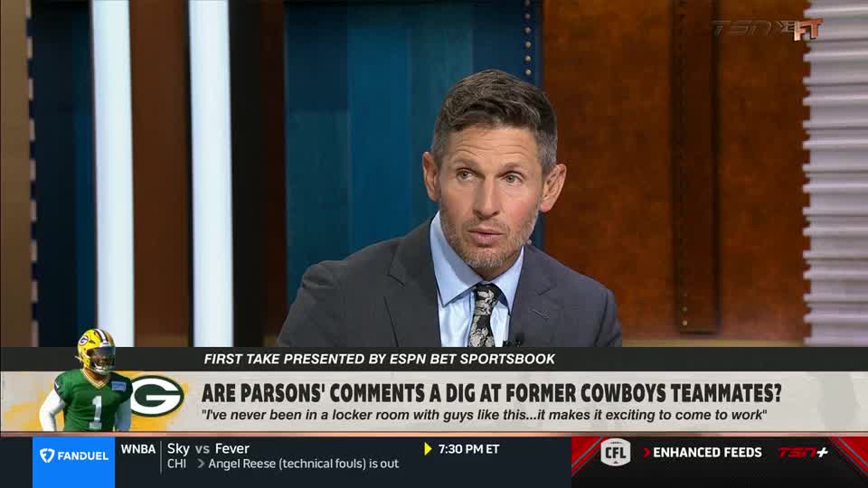 On TSN2, a man in a suit is speaking, the topic of discussion is about the NFL. A graphic asks if Parsons' comments were a dig at former Cowboys teammates.
