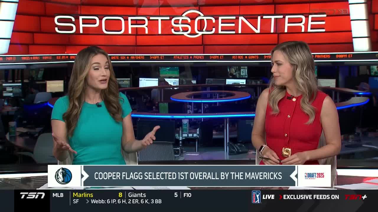 Two women are seated at a desk, discussing the news on TSN5's SportsCentre. The screen displays the headline "Cooper Flagg Selected 1st Overall by the Mavericks."
