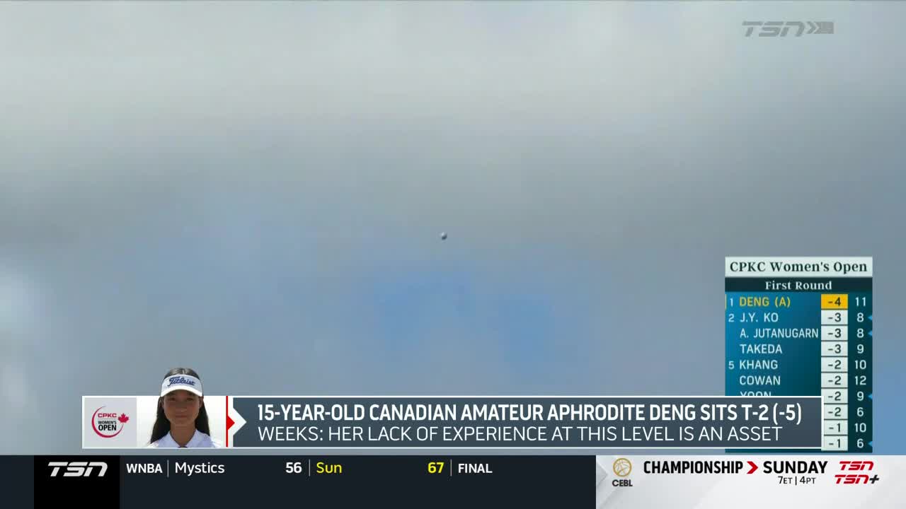 A small white golf ball hangs in the air against a bright, overcast sky. TSN5 is covering the CPKC Women's Open, and a graphic highlights the performance of 15-year-old Canadian amateur Aphrodite Deng.
