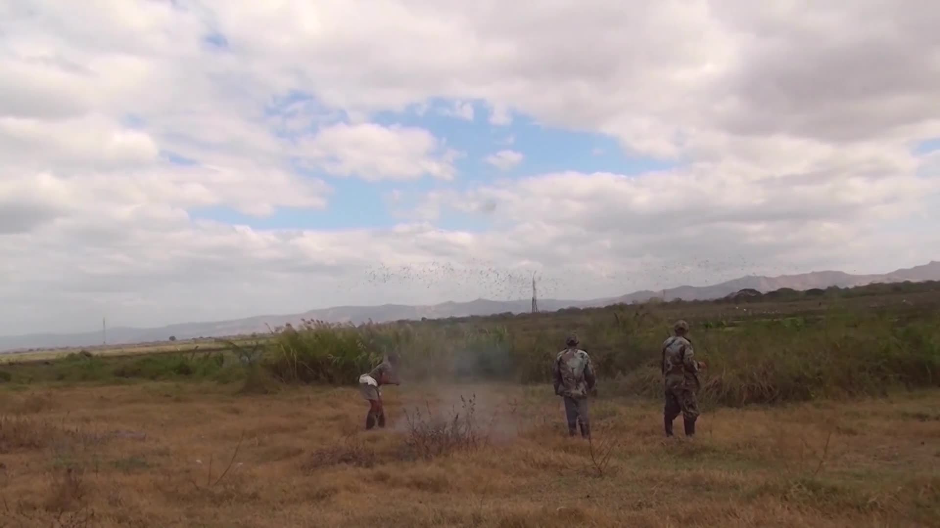 Smoke billows from the ground as a figure in a white shirt fires a weapon. A flock of birds takes flight in the distance, while two other figures watch.
