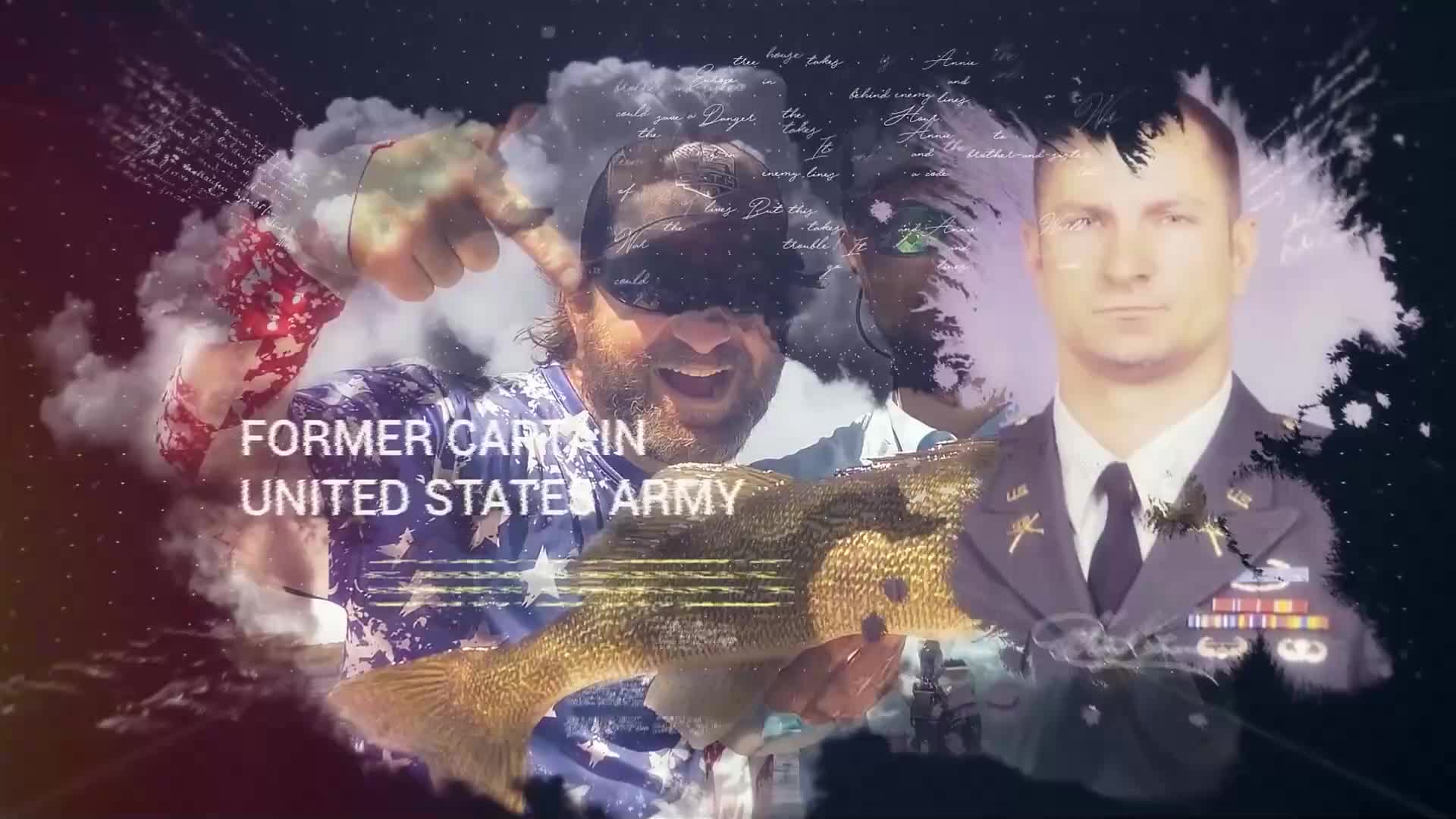 A man in a stars-and-stripes shirt grins, holding up a large fish. Behind him, a military portrait and a dark-eyed figure are superimposed. A man in a stars-and-stripes shirt grins, holding up a large fish. Behind him, a military portrait and a dark-eyed figure are superimposed.