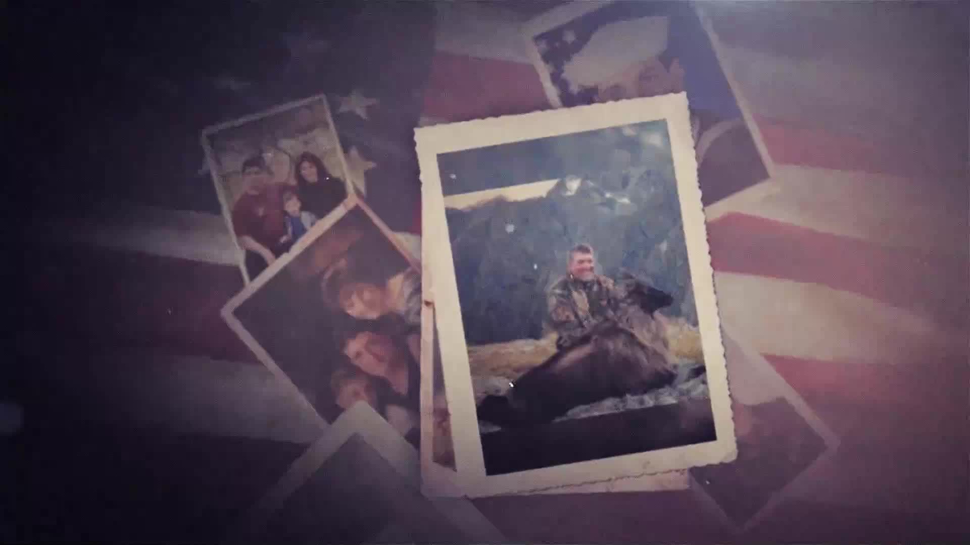 A man in camouflage gear proudly sits with a large animal, likely a moose, in the foreground of a photograph. Another photo shows a family, and both are layered over a faded American flag. A man in camouflage gear proudly sits with a large animal, likely a moose, in the foreground of a photograph. Another photo shows a family, and both are layered over a faded American flag.
