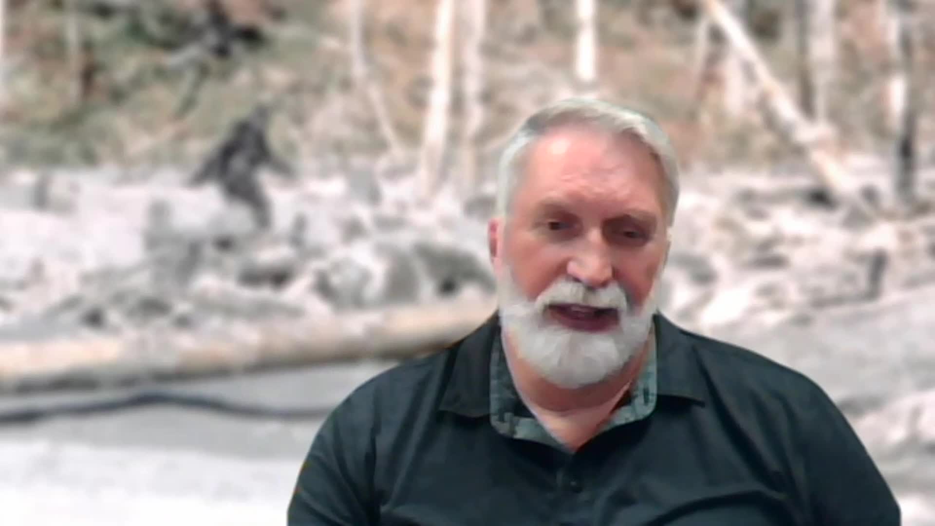 A man with a grey beard speaks directly to the camera, his expression earnest. Behind him, a shadowy figure moves through a snowy, wooded landscape, a scene that might be from a Wild TV broadcast.