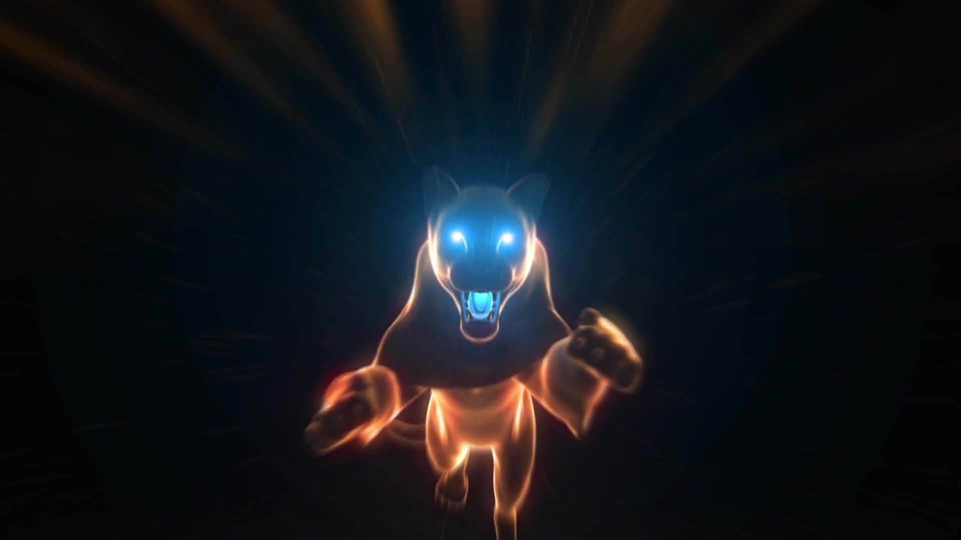 A cougar with glowing blue eyes and an orange, fiery outline charges forward. Its jaws are open, and its paws are extended as if about to pounce.