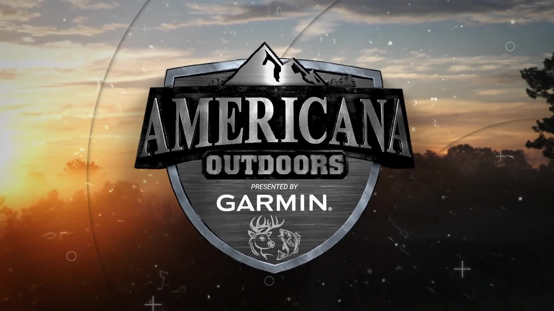 The "Americana Outdoors" logo, presented by Garmin, is front and center. A warm sunset glows behind a treeline, hinting at the Canadian wilderness.