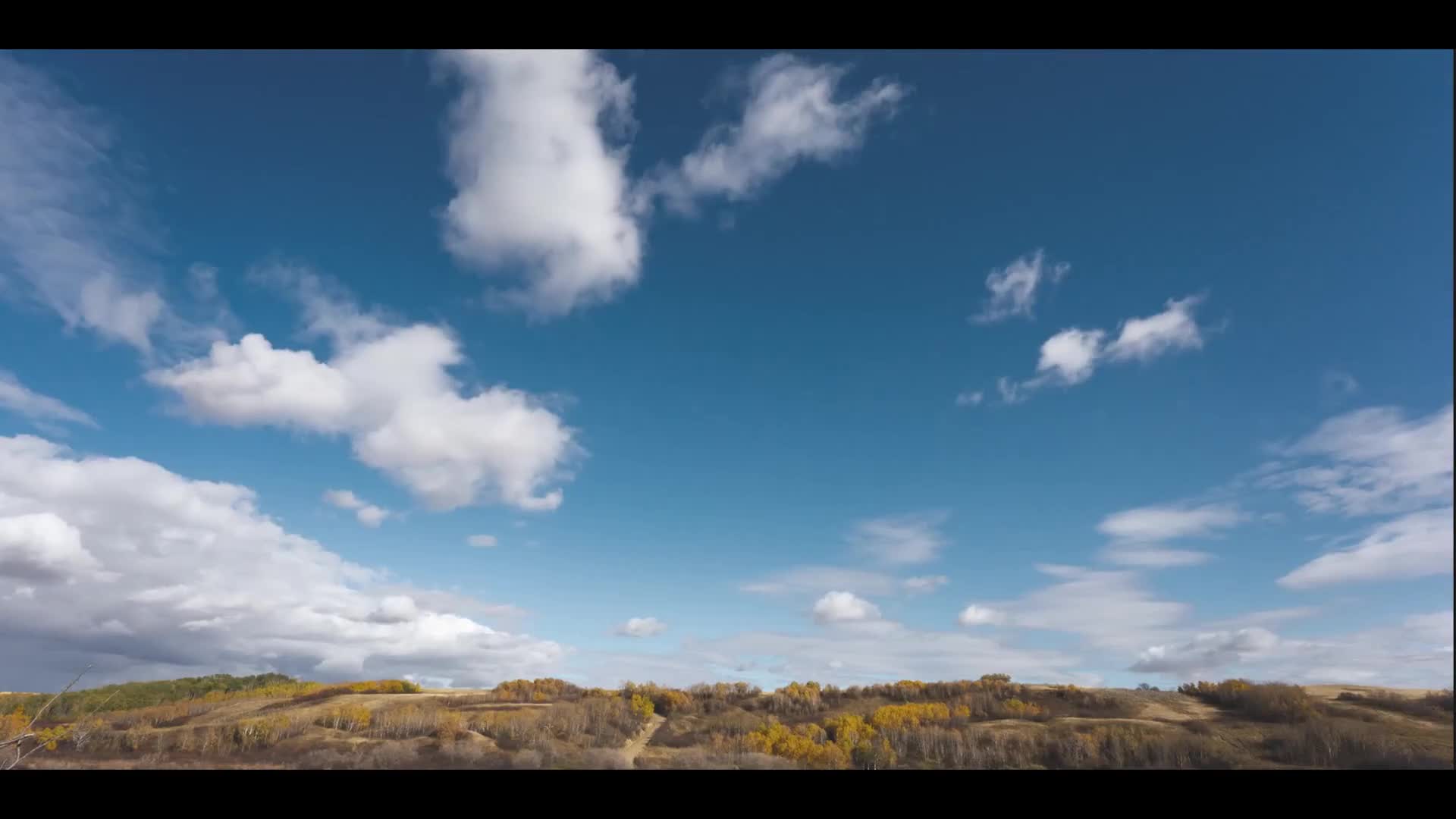 A bright blue sky stretches over rolling hills, dotted with autumn trees. Cumulus clouds drift lazily across the expanse, casting soft shadows on the landscape below.