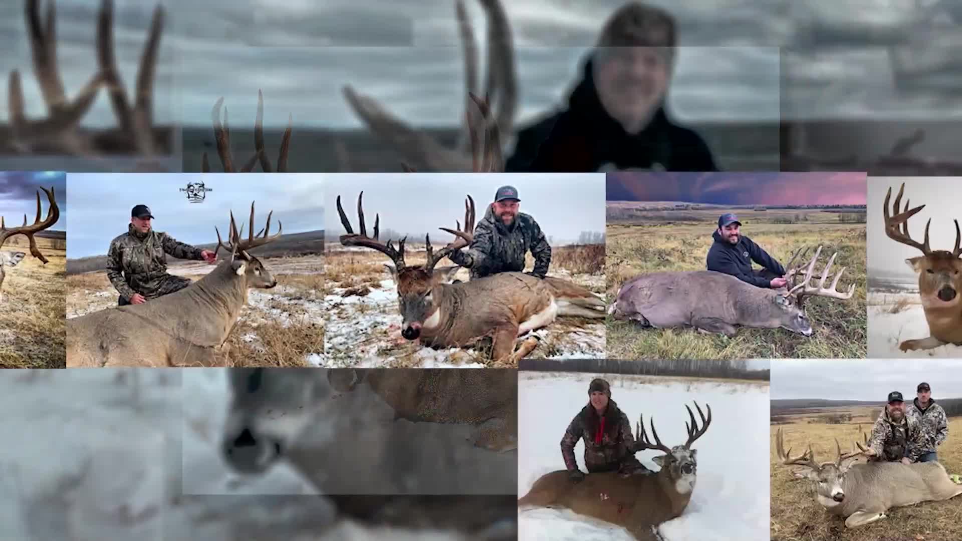 A hunter poses with a massive buck, its antlers reaching skyward. Another hunter kneels beside a fallen deer in a snowy field, a testament to a successful hunt.