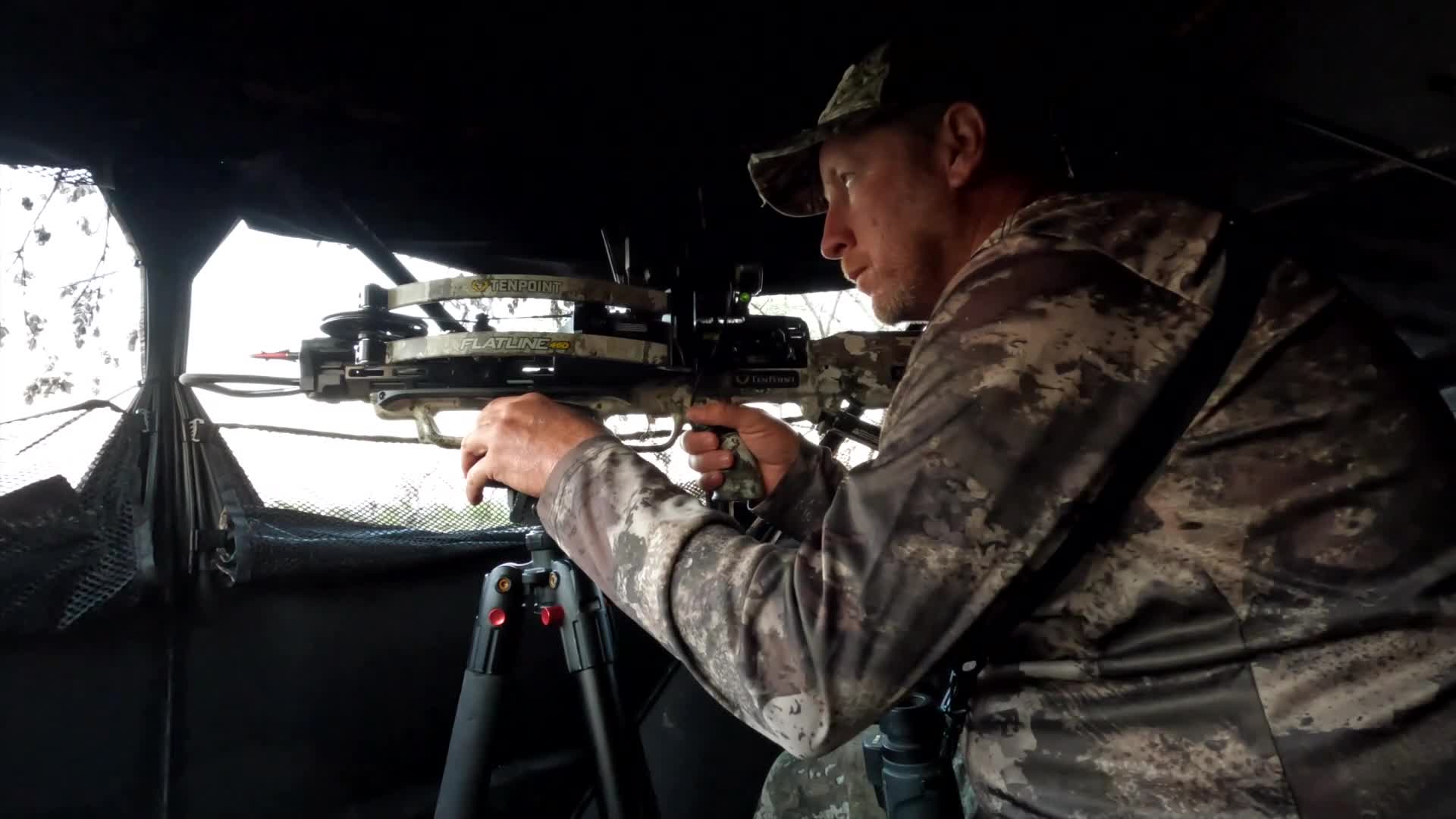 A hunter in a blind aims his crossbow, its cams and cables taut. He's focused, waiting for his moment in the Canadian wilderness, perhaps for a segment on Wild TV. A hunter in a blind aims his crossbow, its cams and cables taut. He's focused, waiting for his moment in the Canadian wilderness, perhaps for a segment on Wild TV.