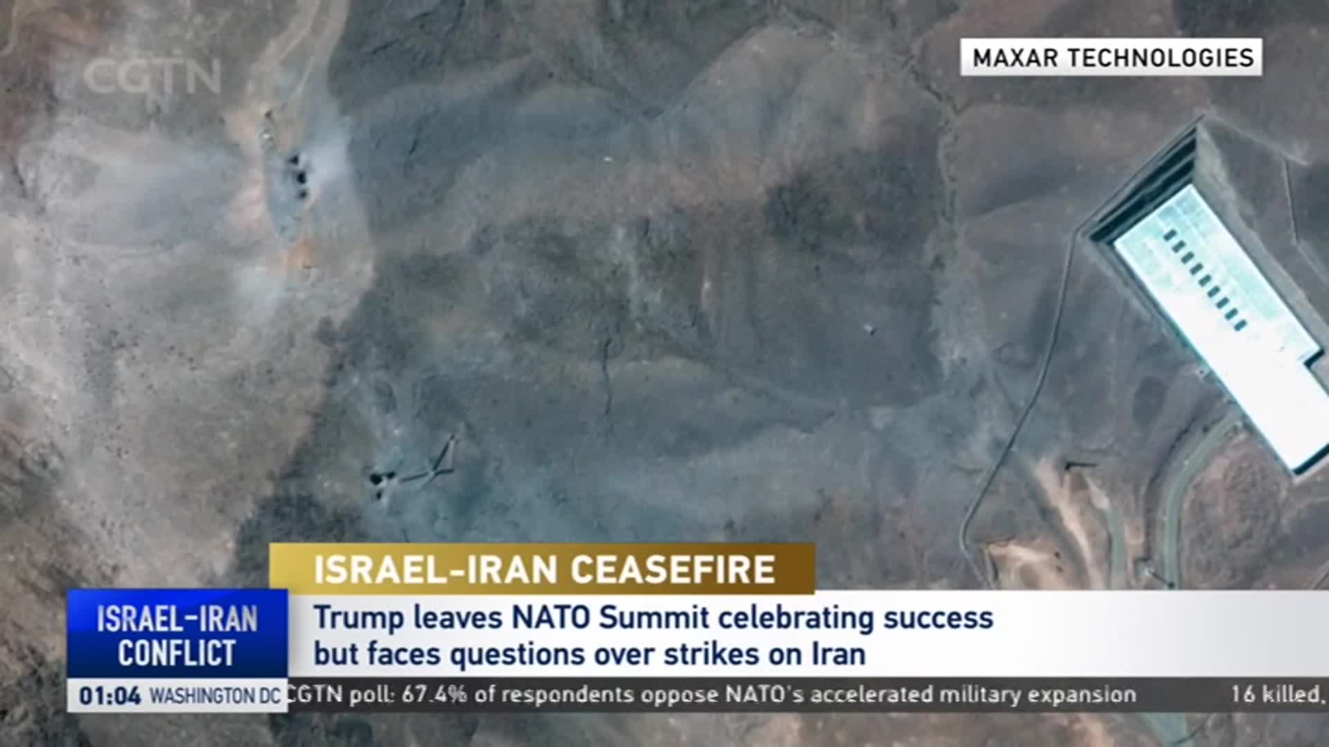 From the CGTN broadcast, a satellite image shows a stark, rocky landscape. A large, rectangular structure sits on the right, while a cluster of small buildings is visible in the upper left.
