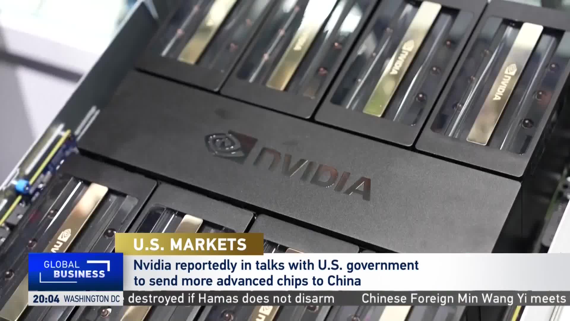 A close-up shows the NVIDIA logo prominently displayed on a black server component. The CGTN news ticker at the bottom of the screen reports on talks about sending advanced chips to China.
