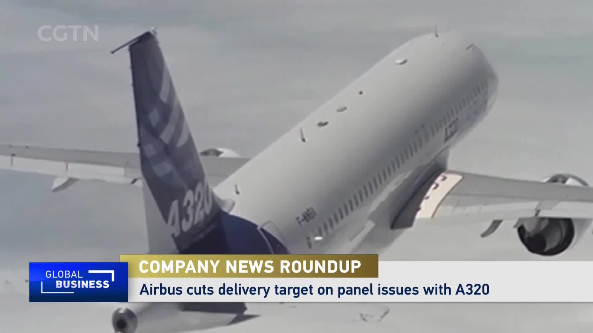 An Airbus A320, its tail fin emblazoned with "4320," climbs into the overcast sky. The CGTN graphic at the bottom highlights news of delivery cuts due to panel issues.
