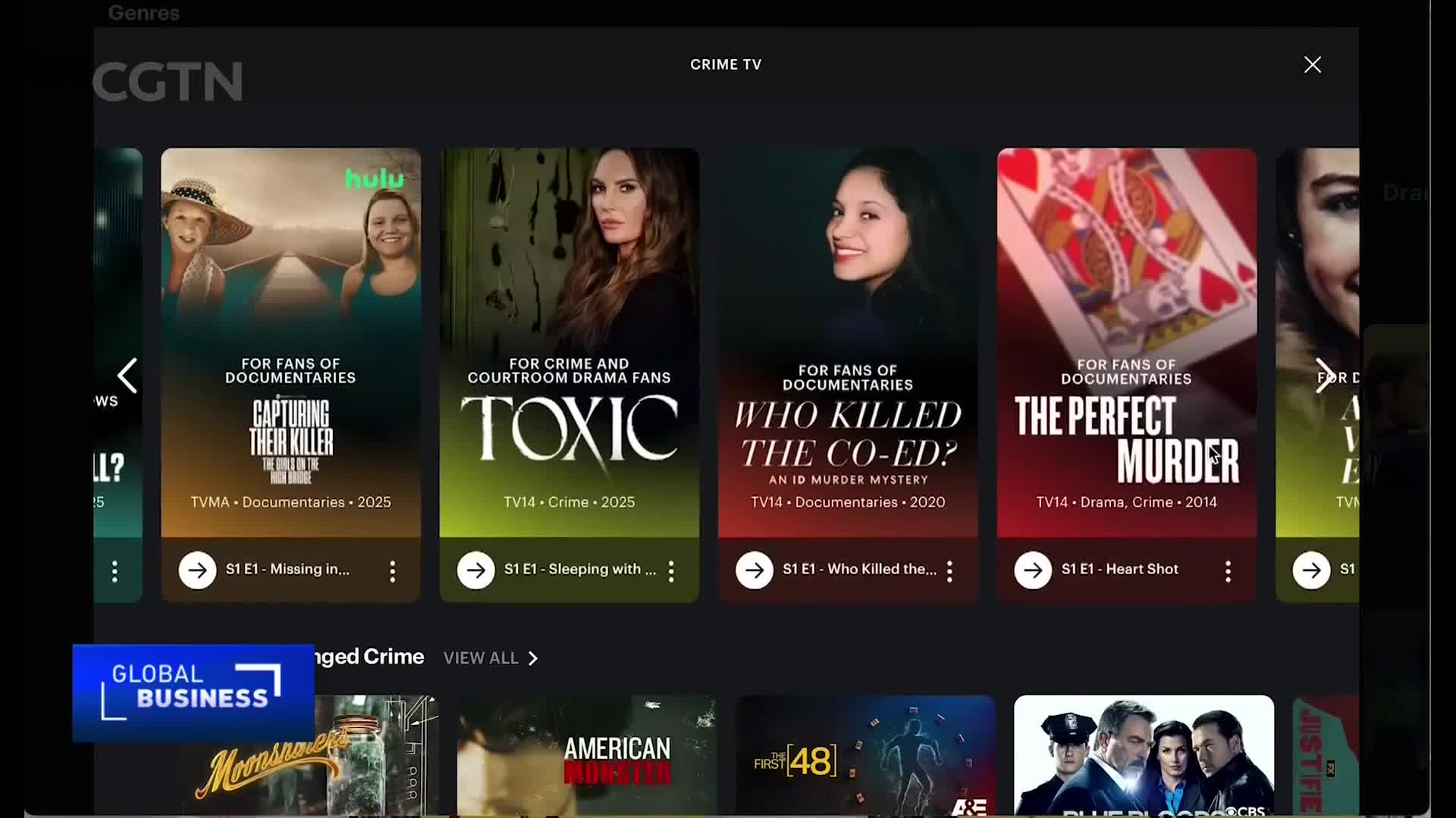 A row of crime documentary thumbnails scrolls by, each featuring a title like "Capturing Their Killer" and "The Perfect Murder." CGTN's logo is visible in the top left corner.