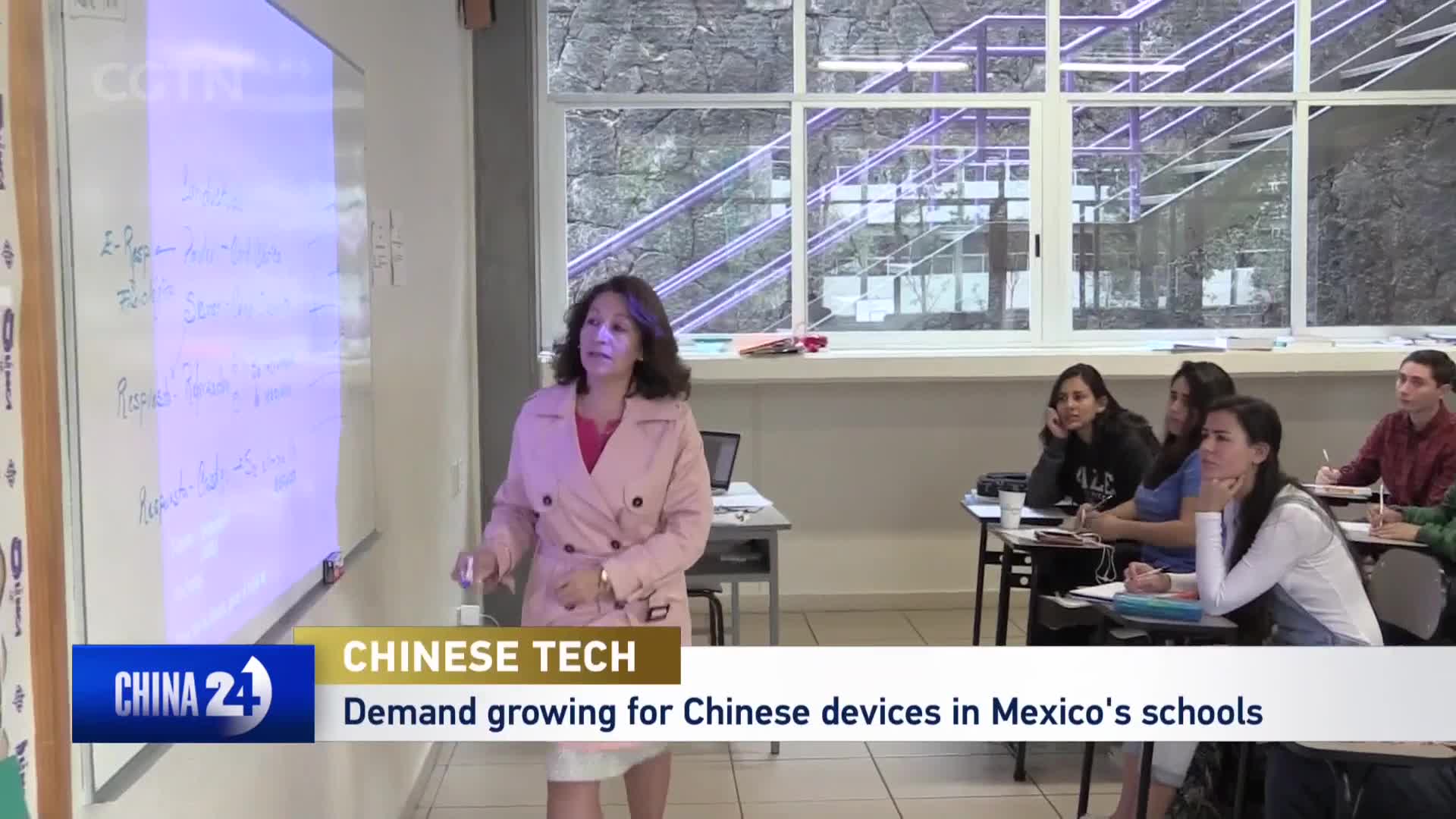 A woman in a pink coat stands at a whiteboard, gesturing as she speaks to a classroom of students. The students, seated at desks, watch her attentively, some taking notes.