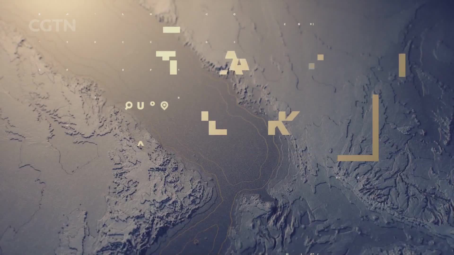 A topographical map of the ocean floor unfolds, its contours shifting with a subtle, almost imperceptible animation. Overlaid are geometric shapes, like digital markers, hinting at data points or perhaps a news segment from CGTN.