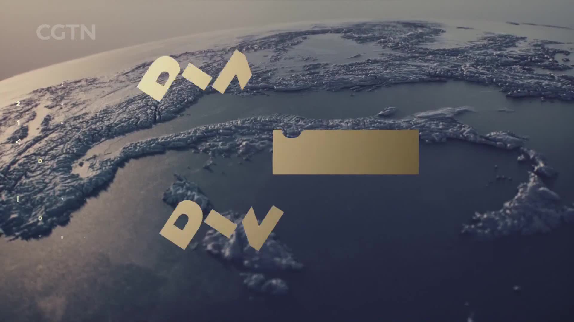 A golden rectangle slides across a textured globe, obscuring a portion of the landmass. Two identical golden symbols, resembling stylized letters, float above and below the rectangle.