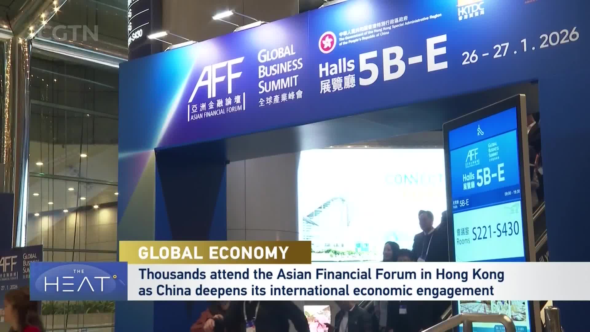 A large blue sign announces the Asian Financial Forum, with "Halls 5B-E" prominently displayed. People mill about beneath the signage, heading towards the event.