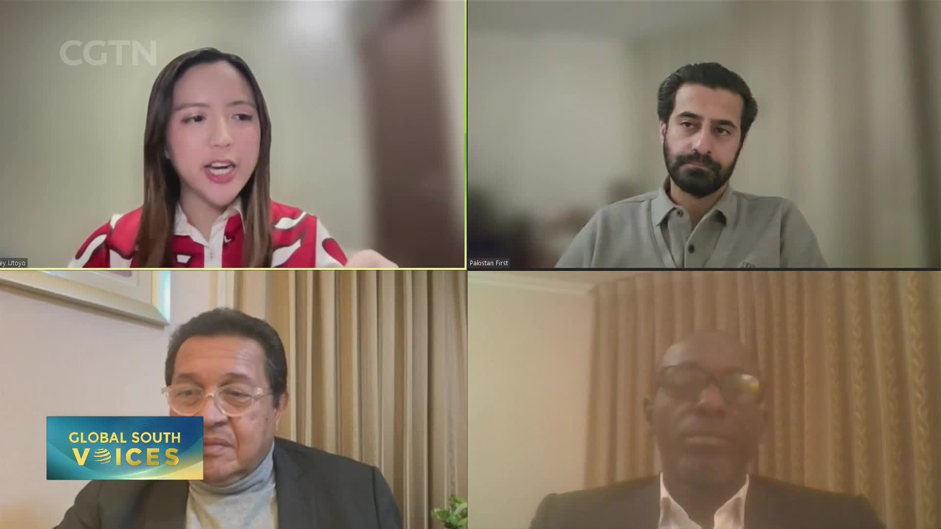 A woman in a red and white shirt speaks animatedly on a video call, her CGTN logo visible. Below her, a man with glasses looks directly at the camera, a "Global South Voices" graphic in the corner.