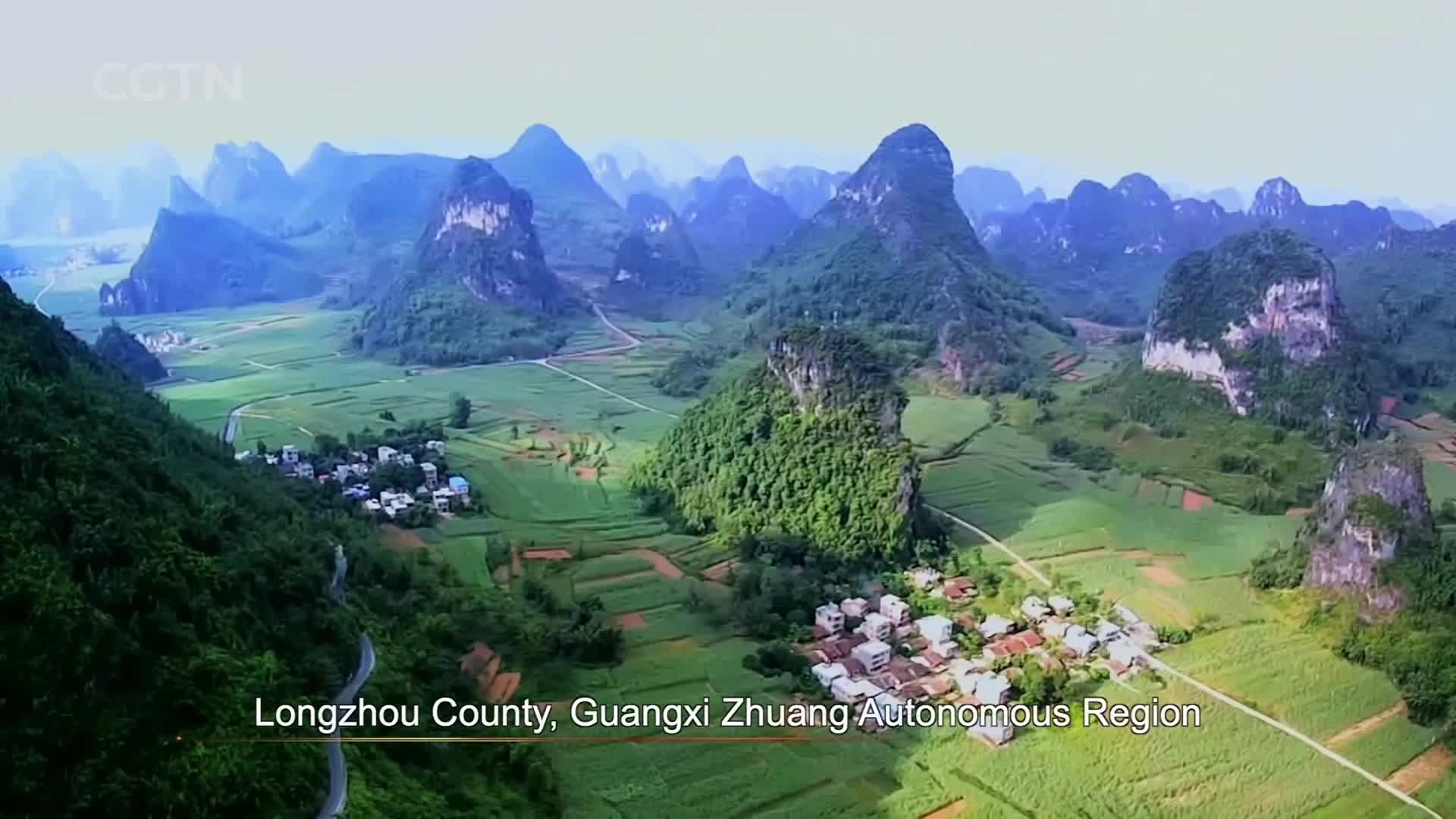 The karst landscape of Longzhou County, Guangxi Zhuang Autonomous Region unfolds before me, a patchwork of emerald fields and scattered villages. Jagged peaks rise dramatically from the valley floor, their slopes cloaked in dense green foliage.