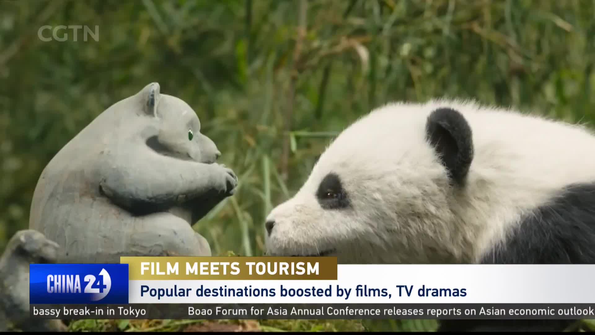 A giant panda leans in, its black eye patches prominent against its white fur, facing a stone statue of a bear. The CGTN logo and "FILM MEETS TOURISM" headline appear on screen.