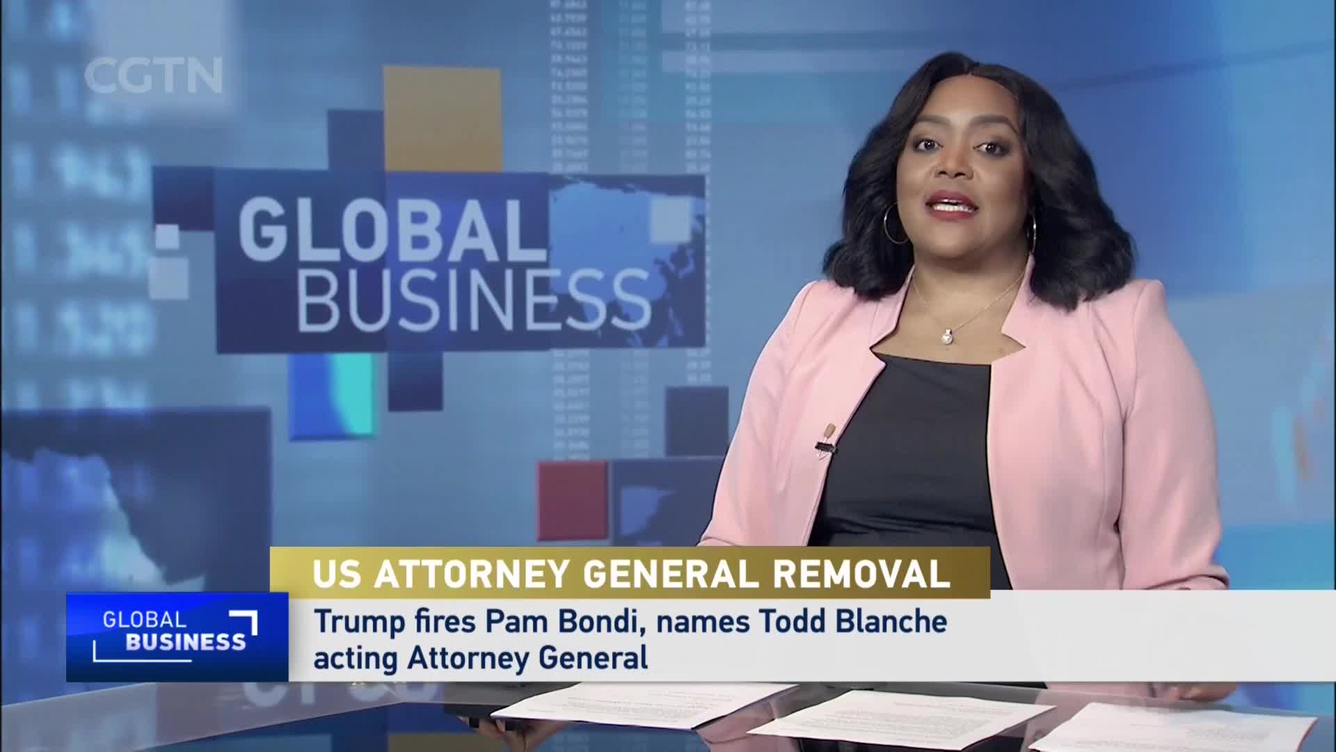 A woman in a pink blazer speaks directly to the camera, her voice clear and measured. Behind her, the CGTN "Global Business" logo is displayed prominently. A woman in a pink blazer speaks directly to the camera, her voice clear and measured. Behind her, the CGTN "Global Business" logo is displayed prominently.