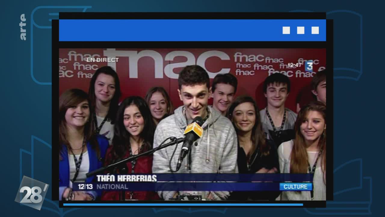 A young man in a grey hoodie stands before a microphone, flanked by a group of smiling teenagers. The "arte" logo and a French TV broadcast frame the scene.
