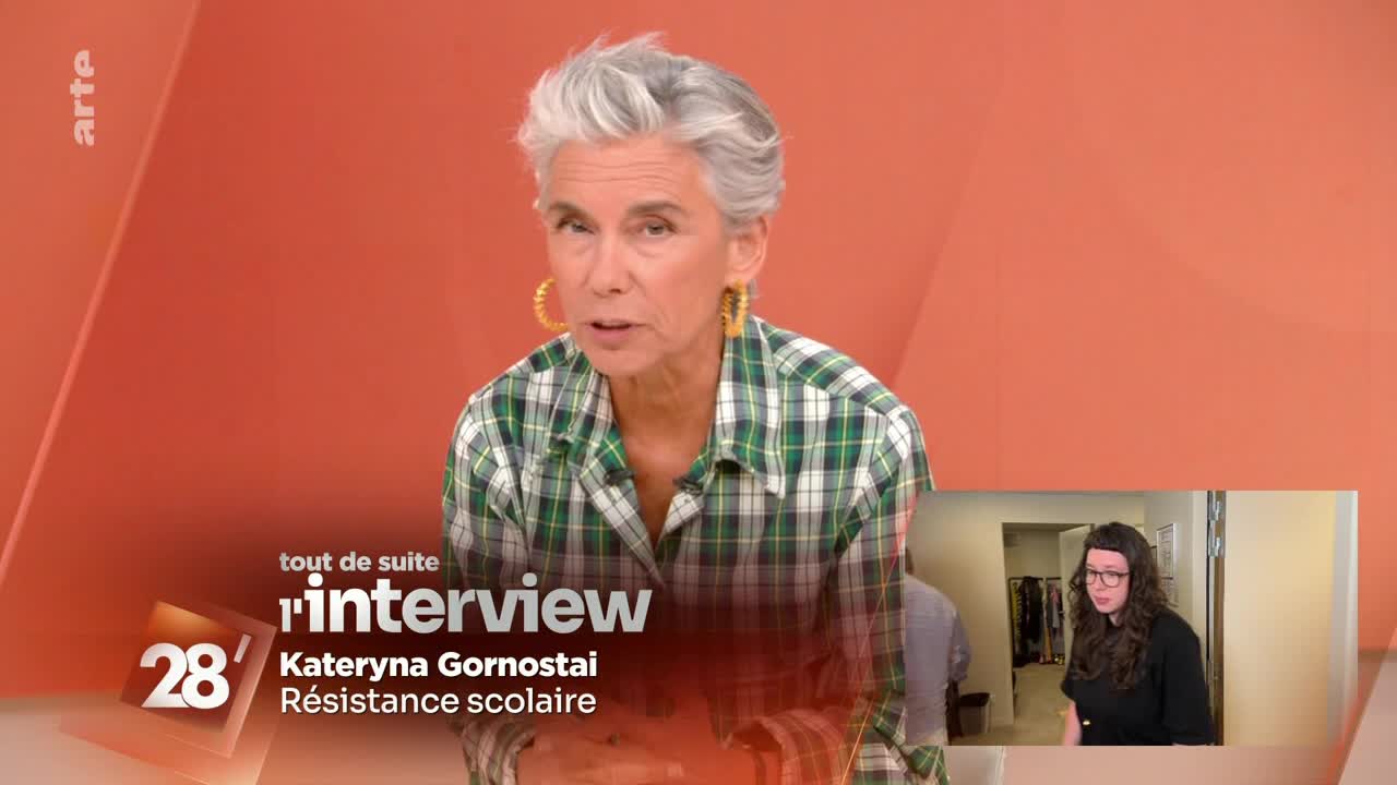 The woman in the plaid shirt is speaking directly to the camera, her silver hair framing her face. A smaller screen shows another woman, presumably in a different location, also talking.
