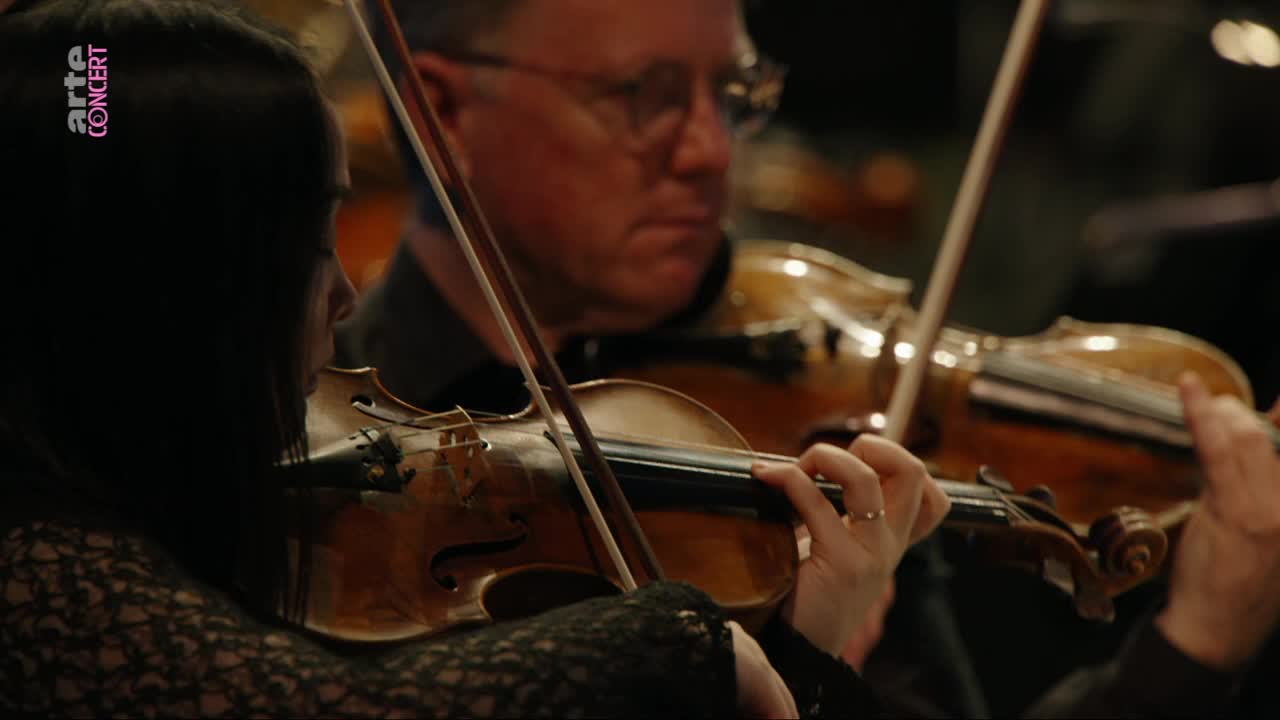 The musicians' hands dance across the strings, bows arcing in unison. The warm glow of the instruments reflects the light from the stage.
