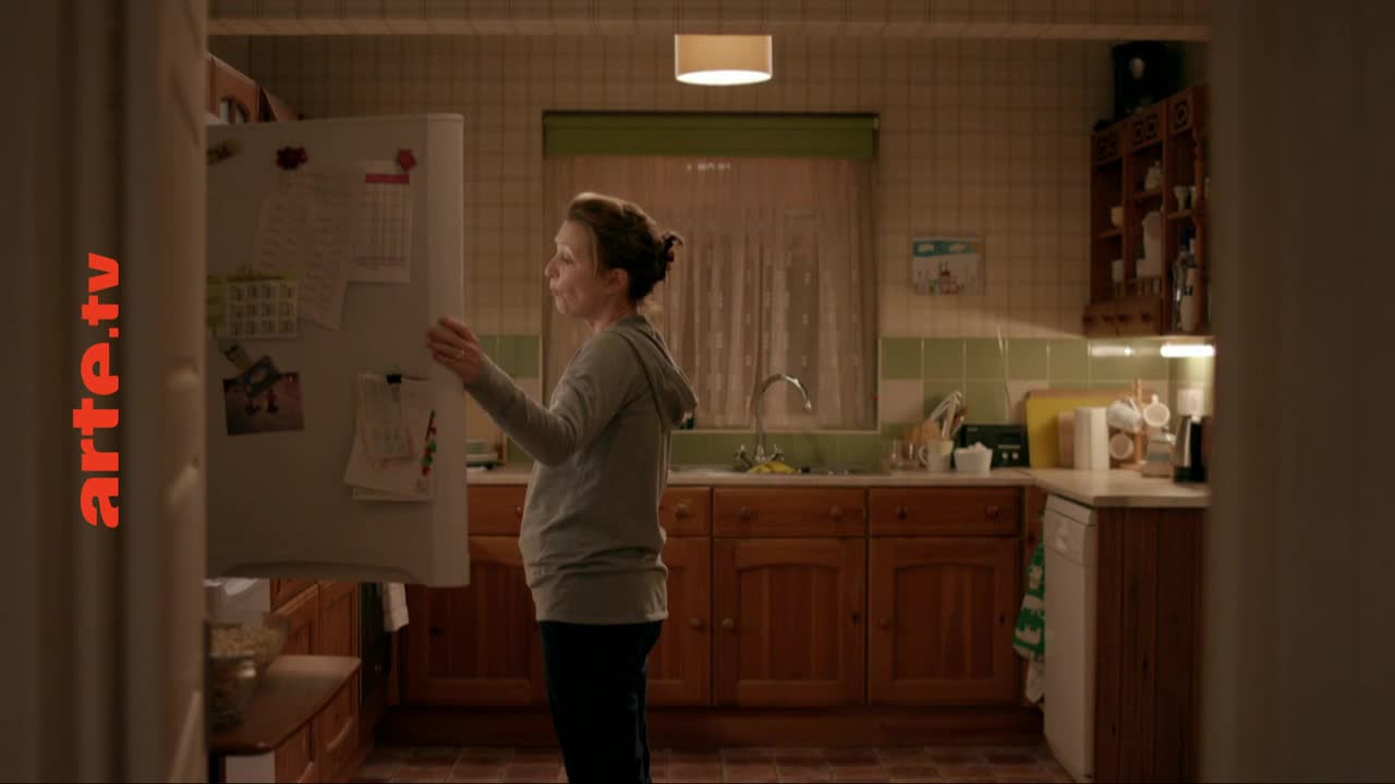 A woman stands in a kitchen, her hand reaching for the open door of a refrigerator. The scene unfolds with a quiet domesticity, the kind you might find on a French television channel.