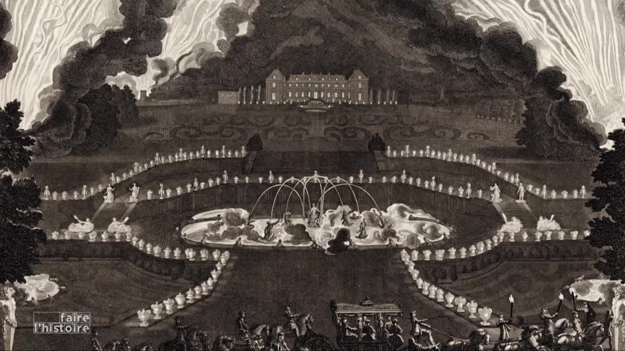 A grand château overlooks a garden illuminated by thousands of candles, a central fountain erupting with water. Fireworks burst overhead, painting streaks of light against the dark sky.