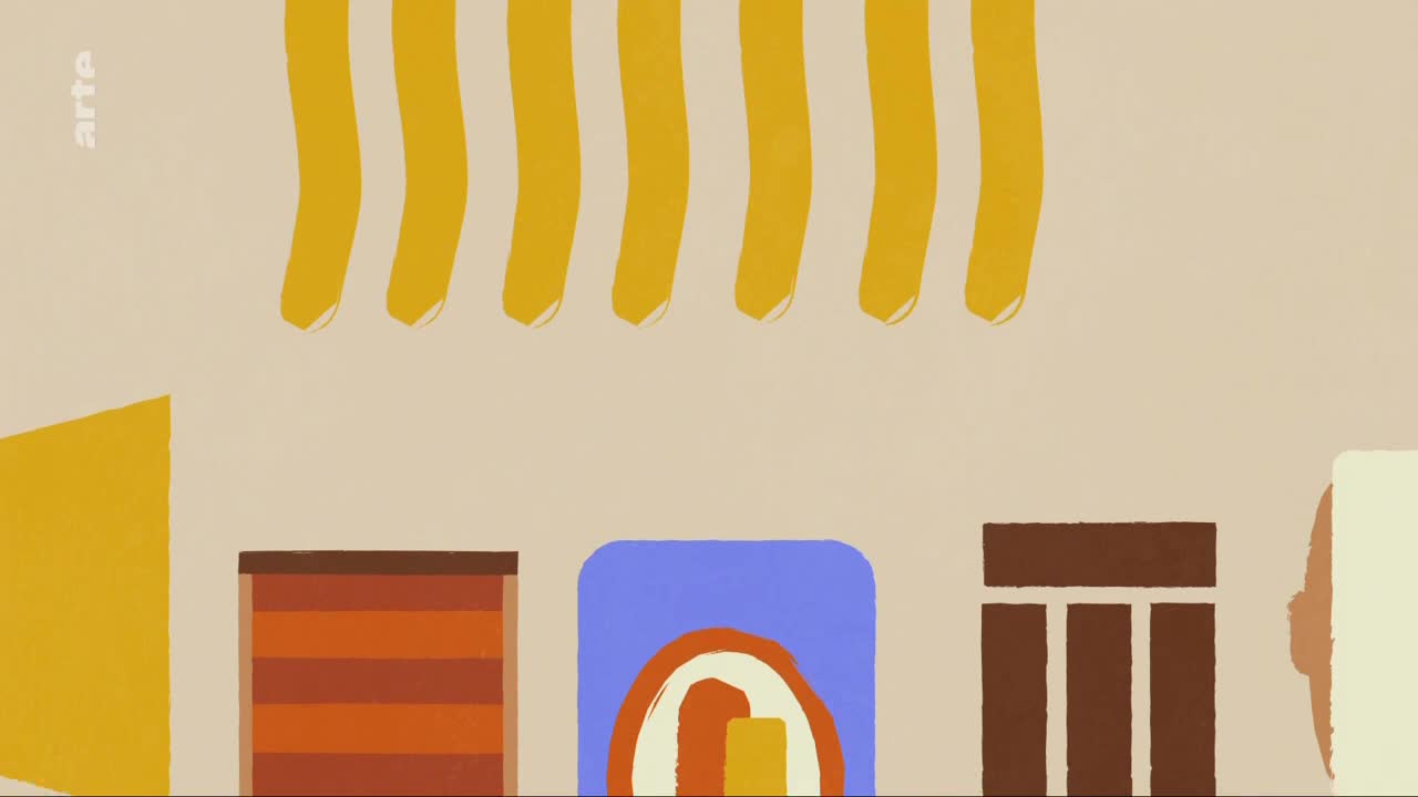 Yellow stripes hang overhead, like a canopy at a French market. Below, colorful storefronts display their wares.