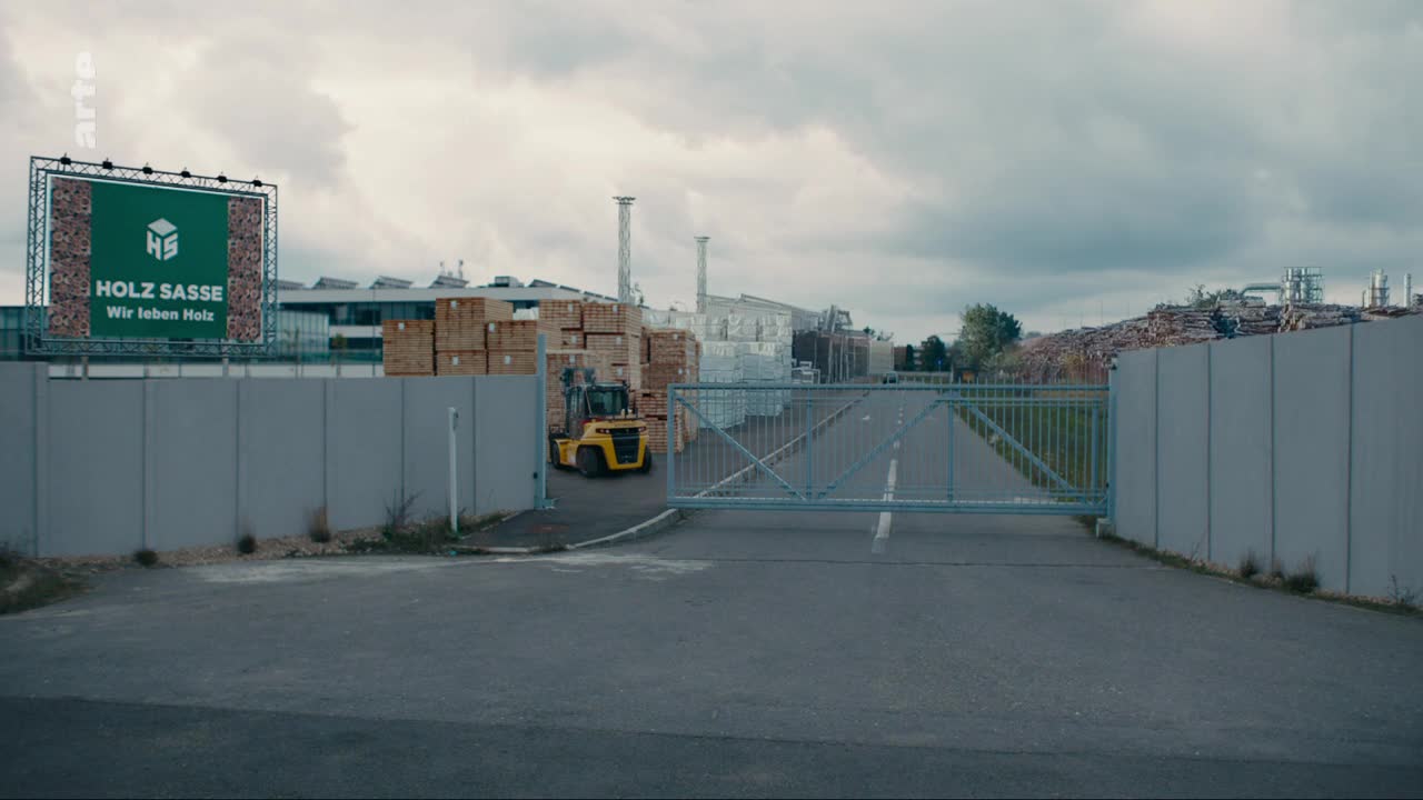 A yellow forklift moves stacks of lumber past a large gate. The sign above reads "HOLZ SASSE Wir leben Holz," indicating a French company.